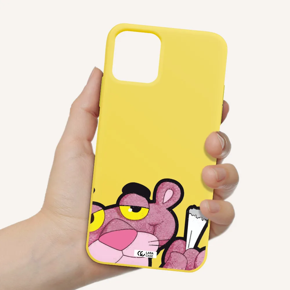 a cartoon of a pink bear Apple iPhone 11 pro max Silicone canary yellow Case