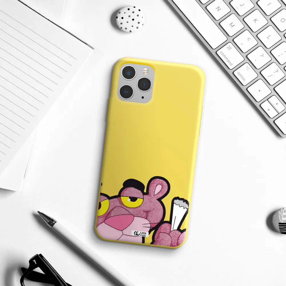 a cartoon of a pink bear Apple iPhone 11 pro max Silicone canary yellow Case