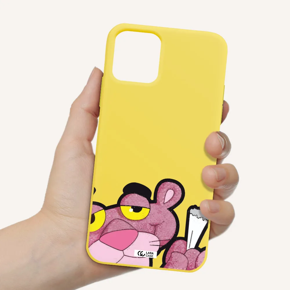 a cartoon of a pink bear Apple iPhone 11 pro Silicone canary yellow Case
