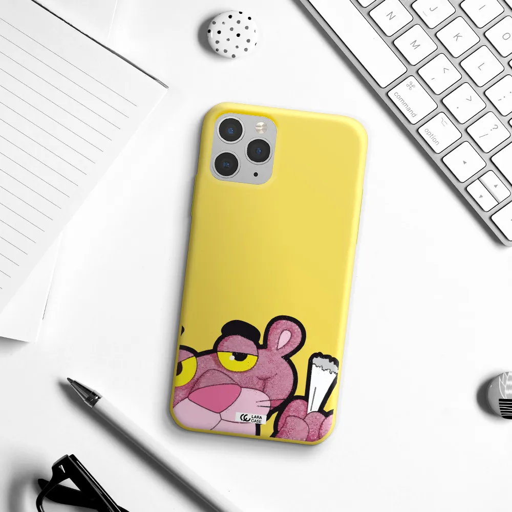 a cartoon of a pink bear Apple iPhone 11 pro Silicone canary yellow Case