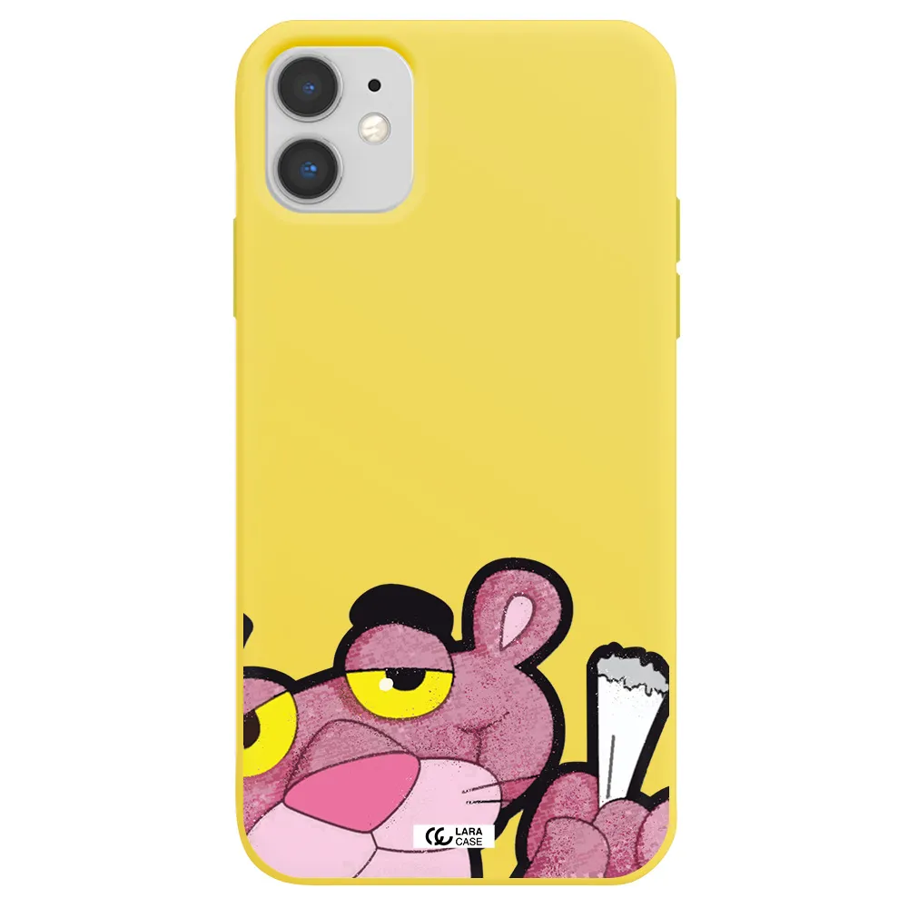 a cartoon of a pink bear Apple iPhone 11 Silicone canary yellow Case