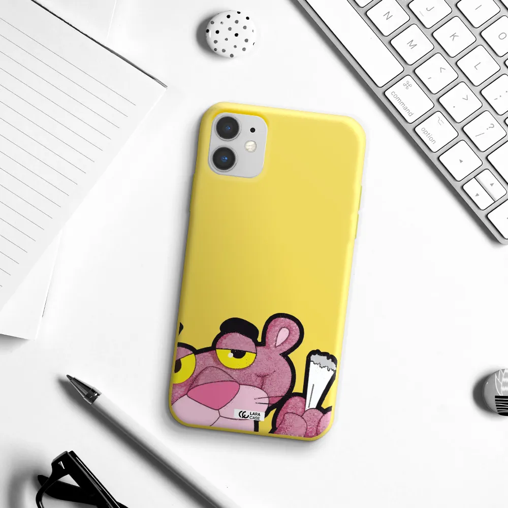 a cartoon of a pink bear Apple iPhone 11 Silicone canary yellow Case