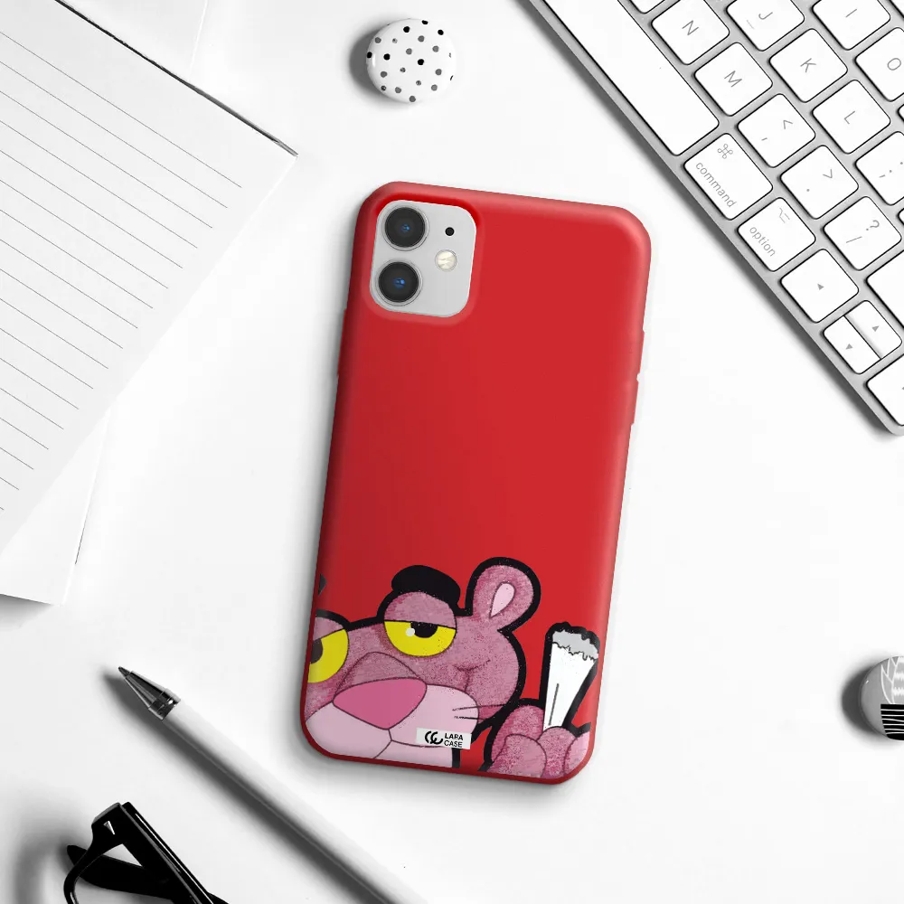 a cartoon of a pink bear Apple iPhone 11 Silicone Imperial Red Case