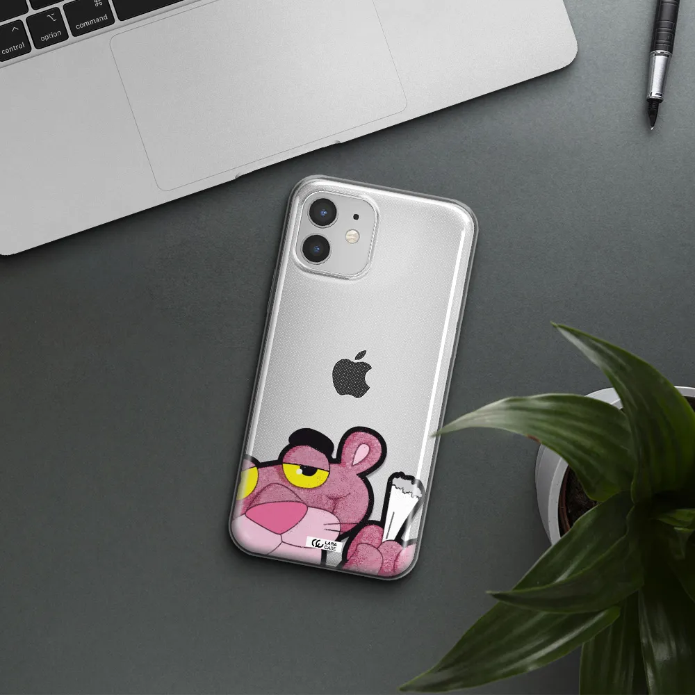 a cartoon of a pink bear Apple iPhone 12 Clear TPU Case