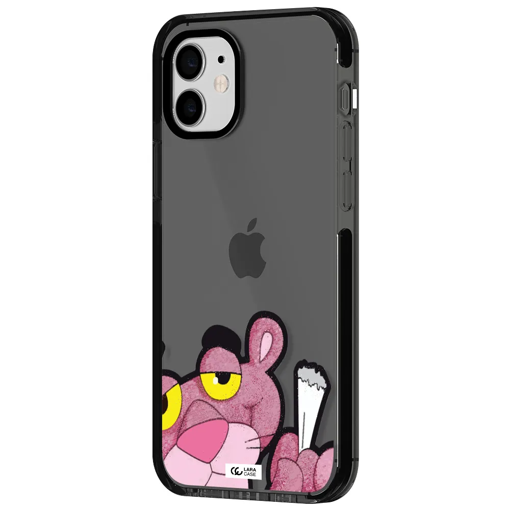 a cartoon of a pink bear Apple iPhone 12 impact Smoke Black Case