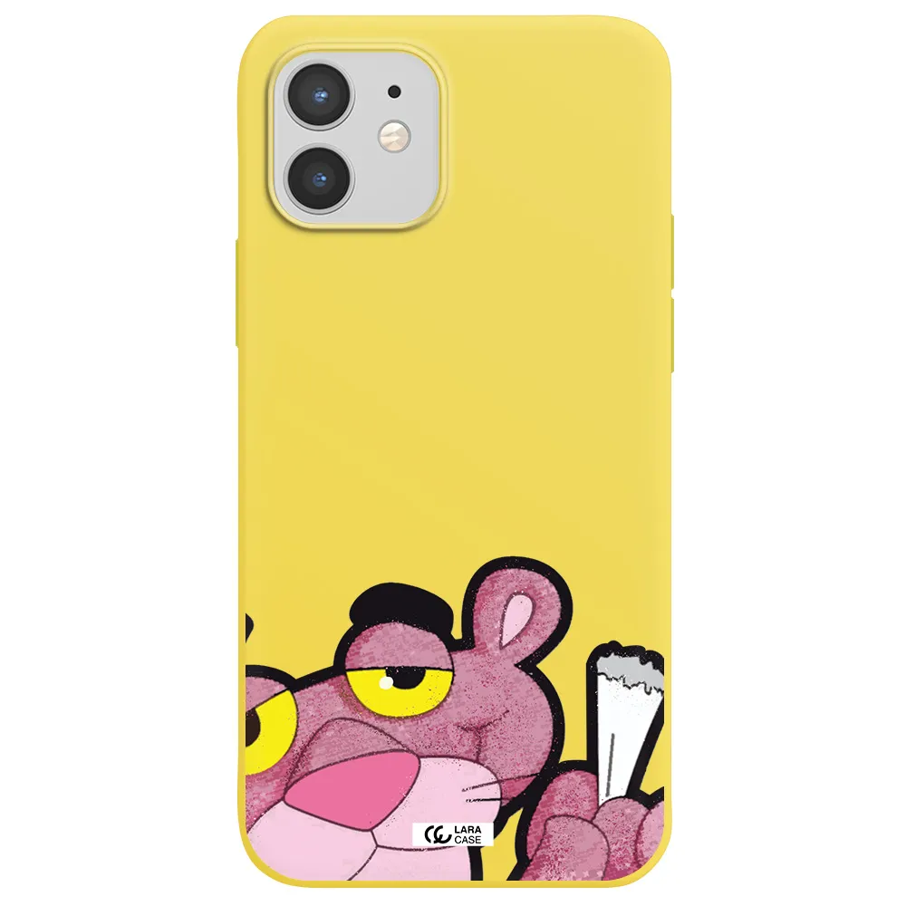 a cartoon of a pink bear Apple iPhone 12 mini Silicone canary yellow Case