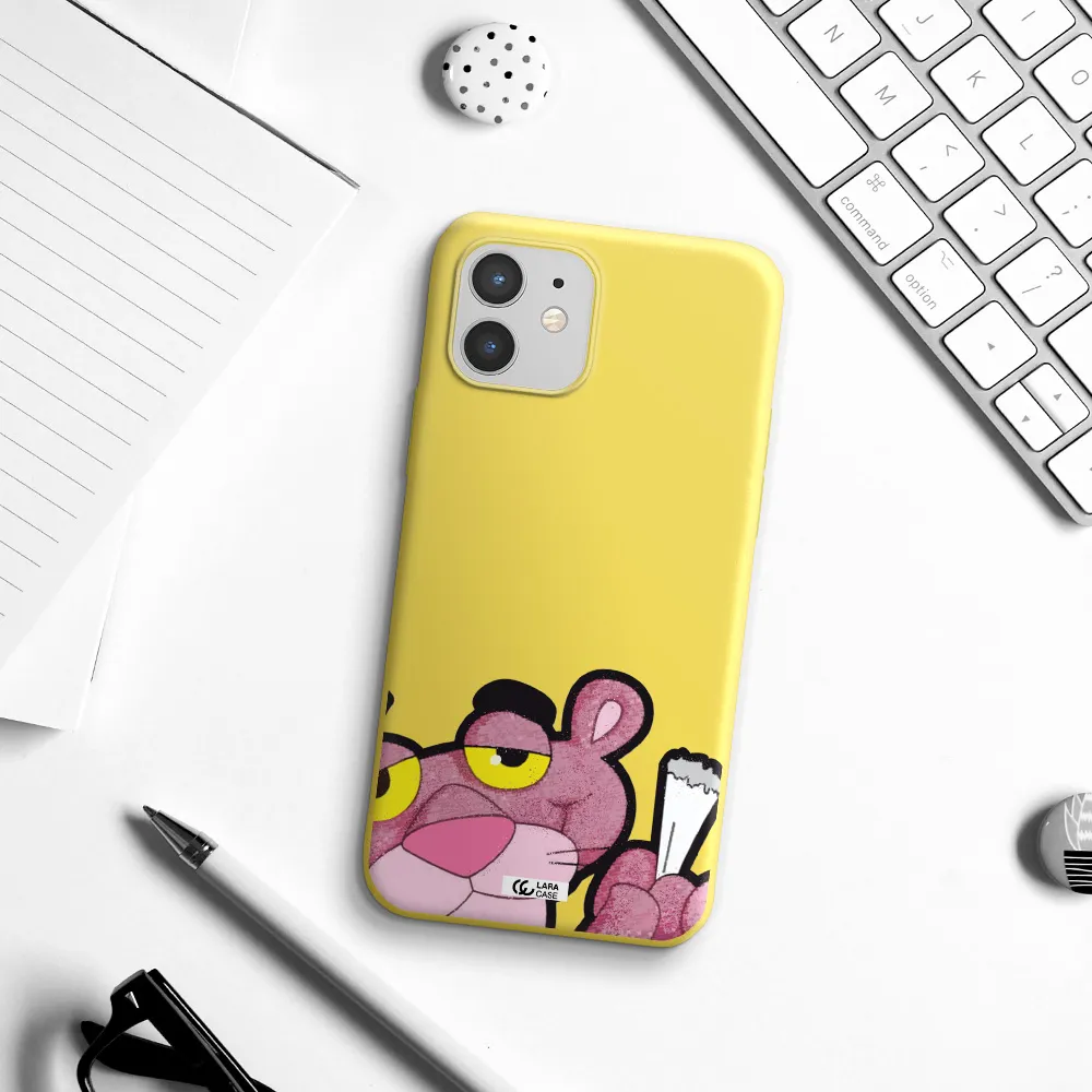 a cartoon of a pink bear Apple iPhone 12 mini Silicone canary yellow Case