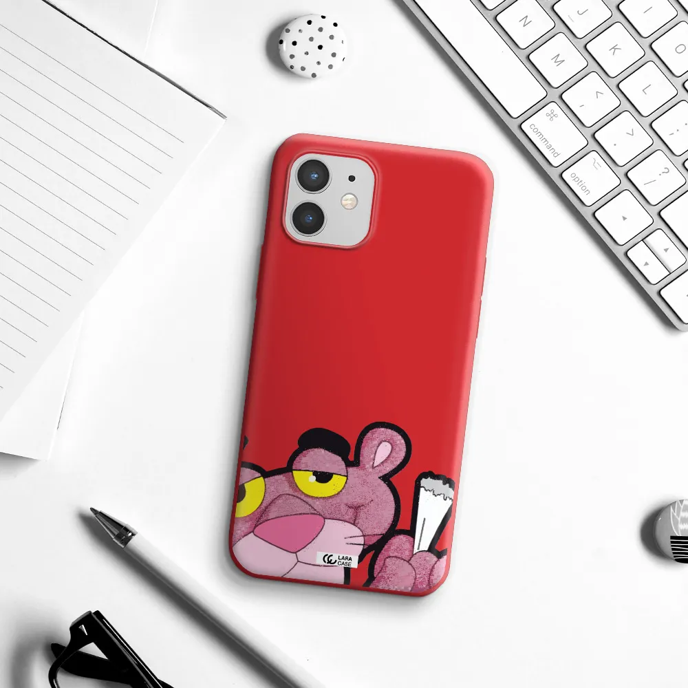 a cartoon of a pink bear Apple iPhone 12 mini Silicone Imperial Red Case