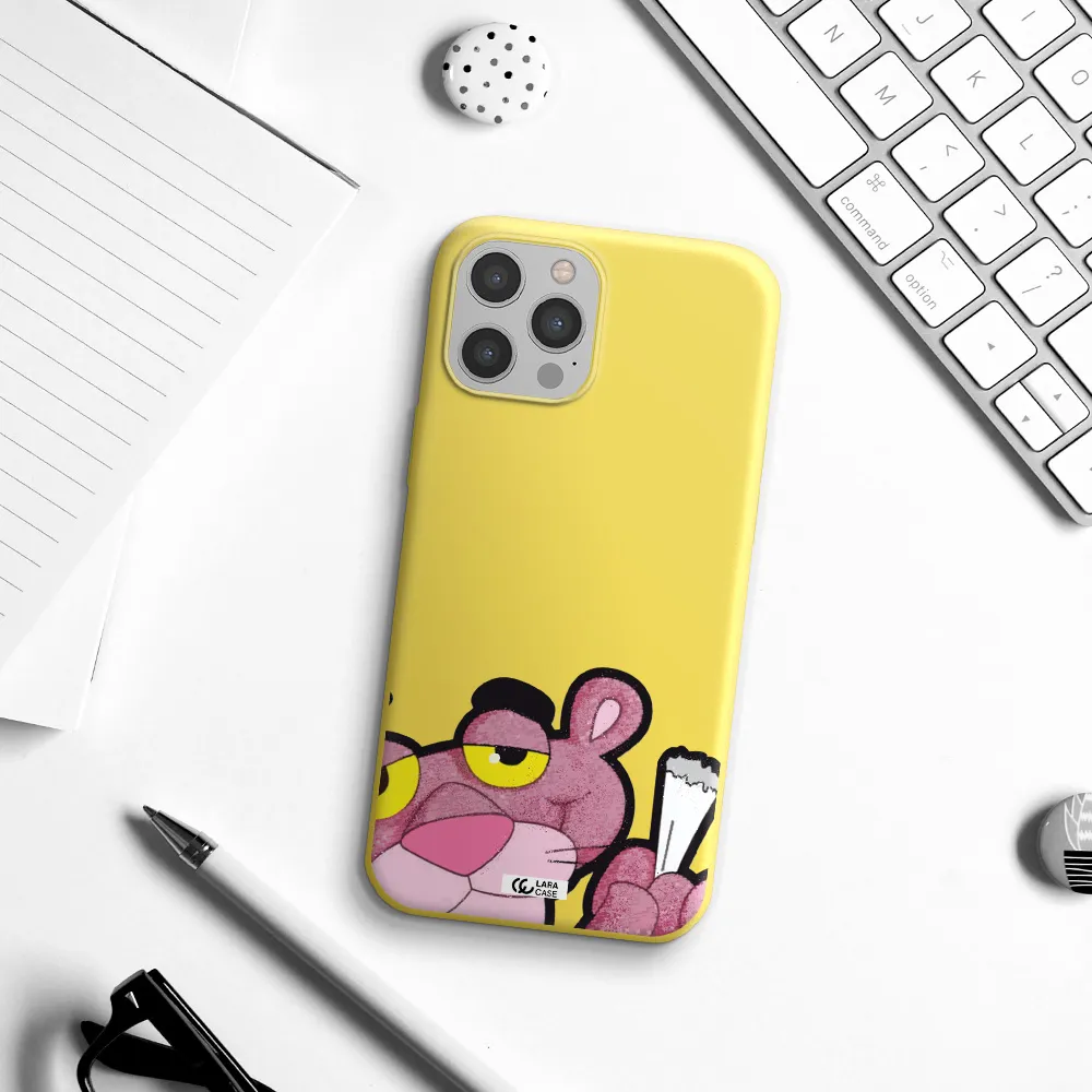 a cartoon of a pink bear Apple iPhone 12 pro Silicone canary yellow Case