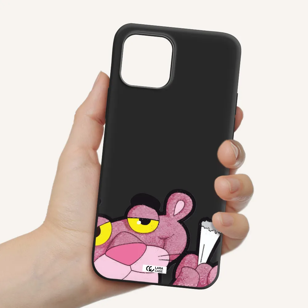 a cartoon of a pink bear Apple iPhone 12 Silicone black Case