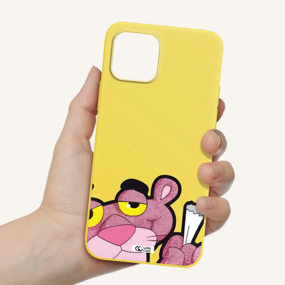 a cartoon of a pink bear Apple iPhone 12 Silicone canary yellow Case