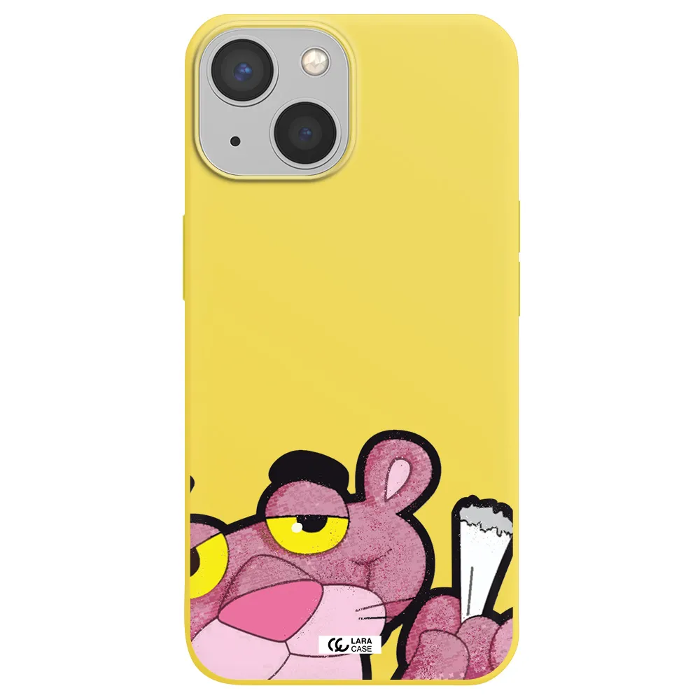 a cartoon of a pink bear Apple iPhone 13 mini Silicone canary yellow Case