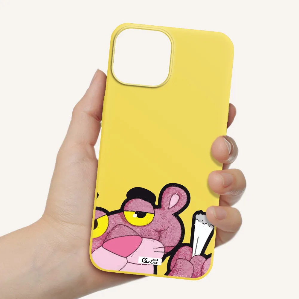 a cartoon of a pink bear Apple iPhone 13 mini Silicone canary yellow Case