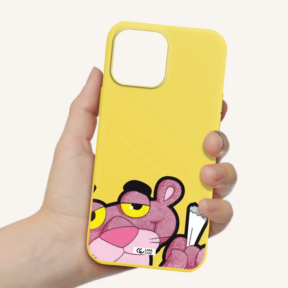 a cartoon of a pink bear Apple iPhone 13 Pro Max Silicone canary yellow Case