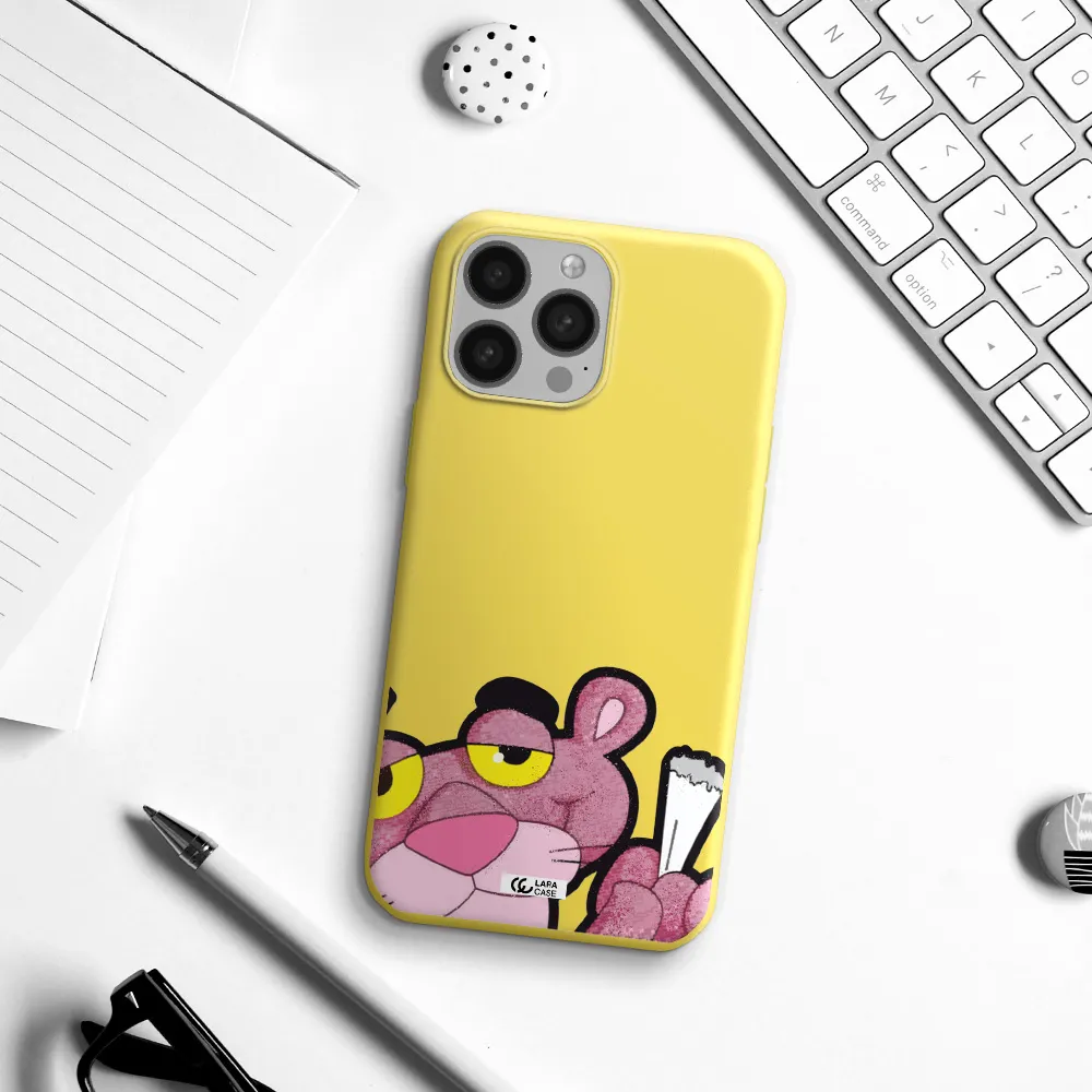 a cartoon of a pink bear Apple iPhone 13 Pro Silicone canary yellow Case