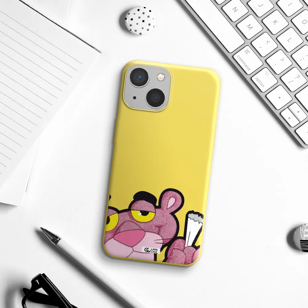 a cartoon of a pink bear Apple iPhone 13 Silicone canary yellow Case