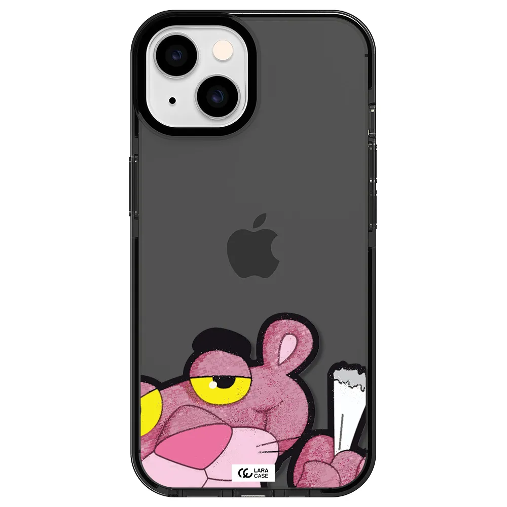 a cartoon of a pink bear Apple iPhone 14 impact Smoke Black Case