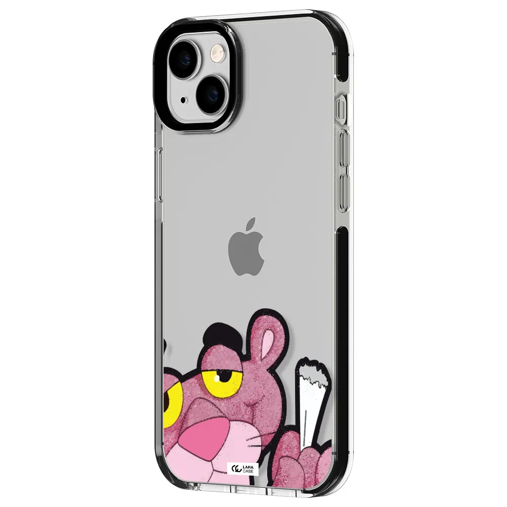 a cartoon of a pink bear Apple iPhone 14 plus impact black border Case
