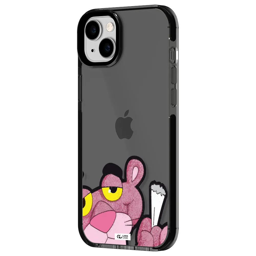 a cartoon of a pink bear Apple iPhone 14 plus impact Smoke Black Case