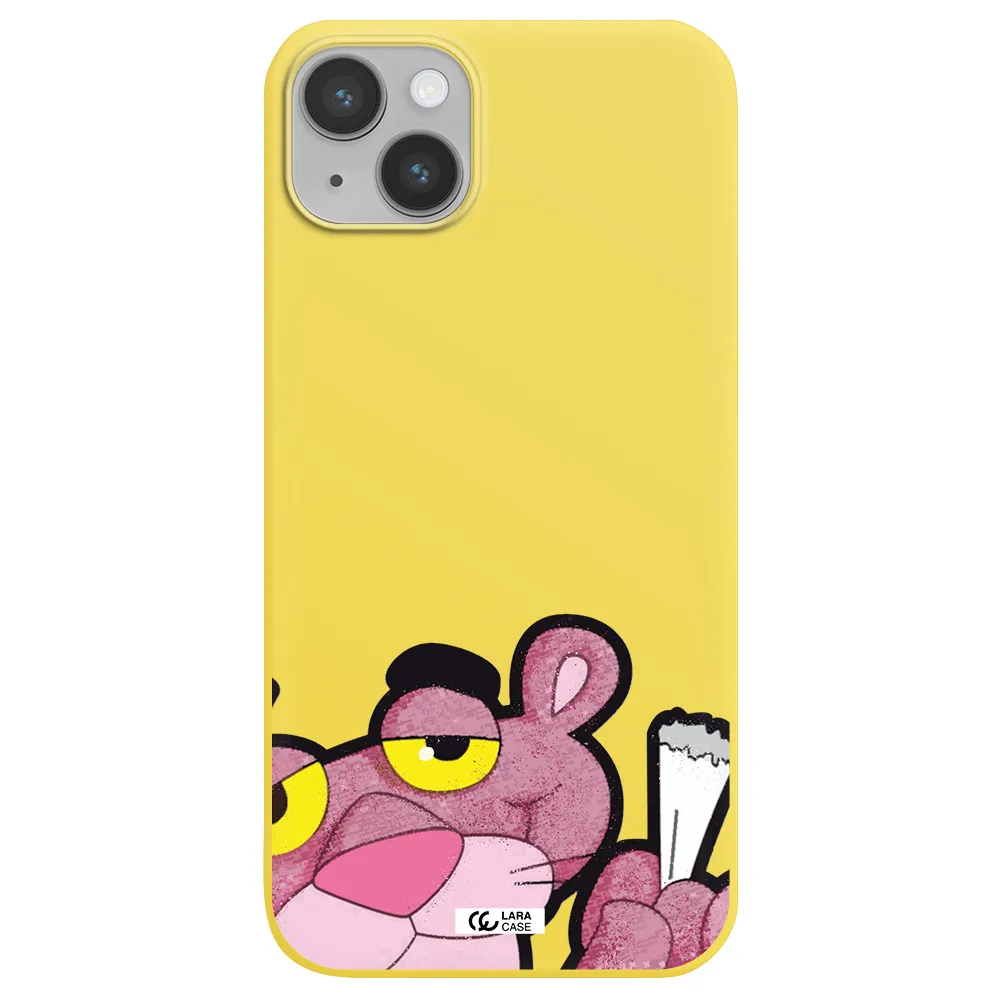 a cartoon of a pink bear Apple iPhone 14 plus Silicone canary yellow Case