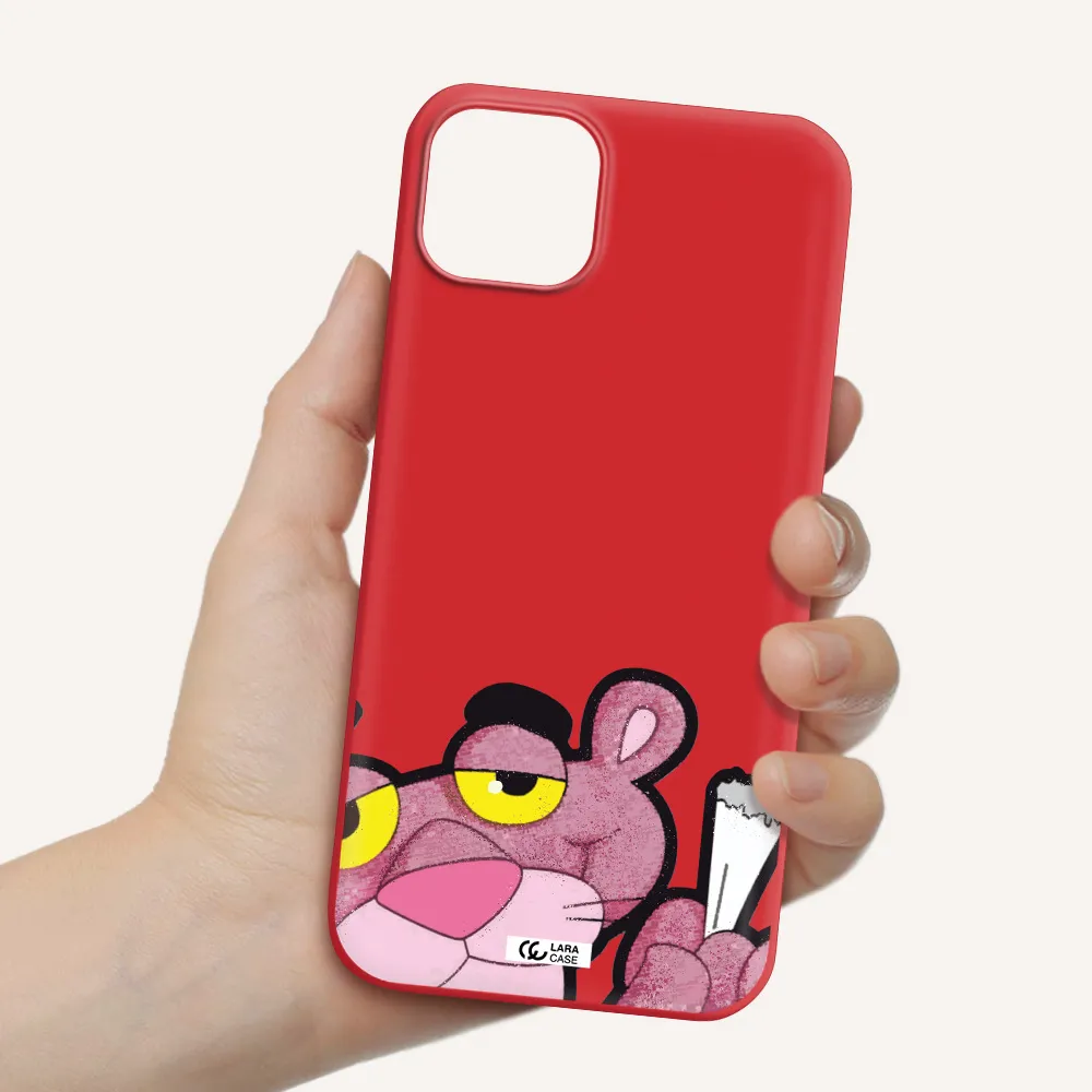 a cartoon of a pink bear Apple iPhone 14 plus Silicone Imperial Red Case