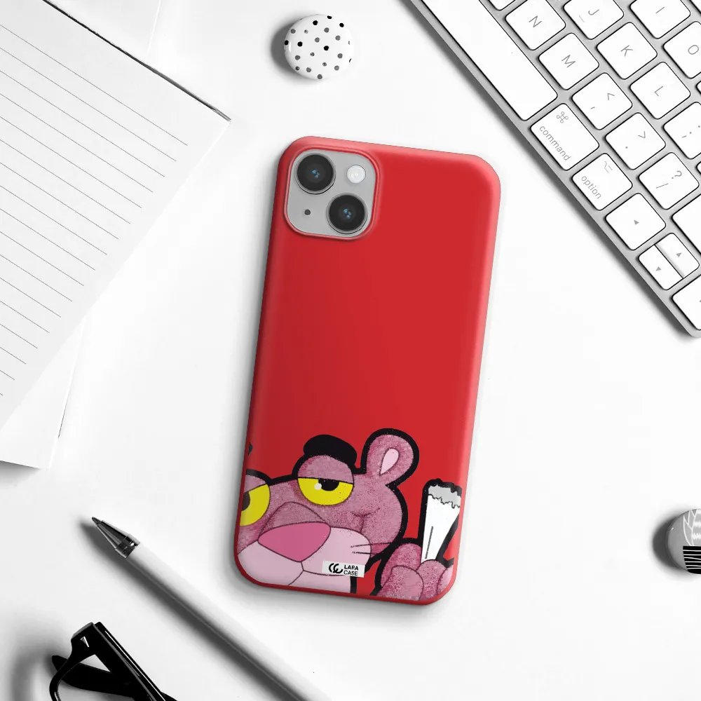 a cartoon of a pink bear Apple iPhone 14 plus Silicone Imperial Red Case