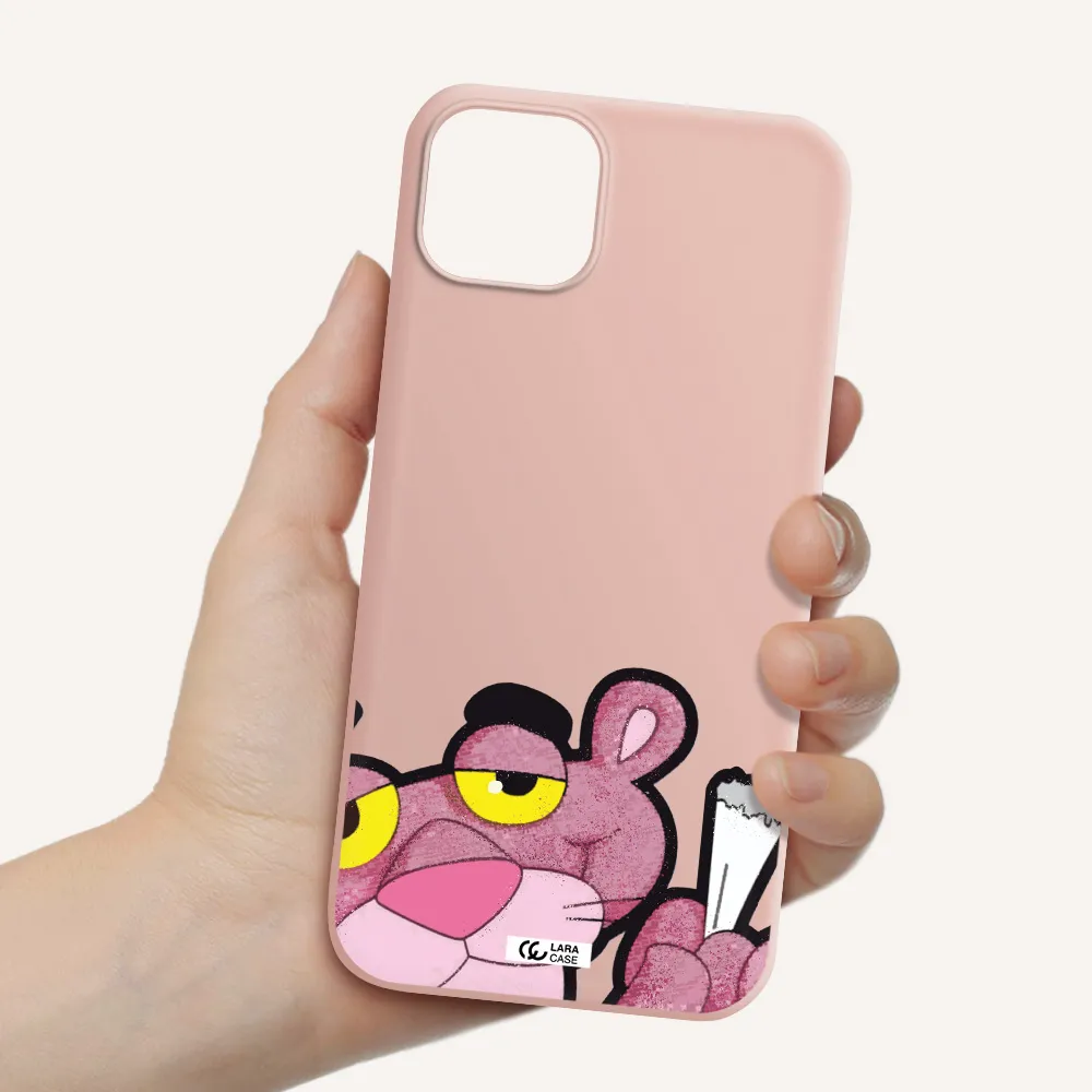 a cartoon of a pink bear Apple iPhone 14 plus Silicone pastel pink Case