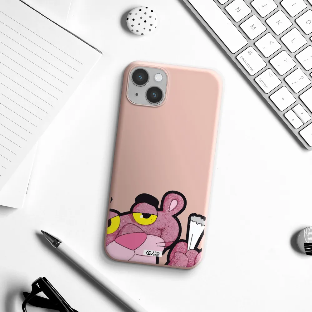 a cartoon of a pink bear Apple iPhone 14 plus Silicone pastel pink Case
