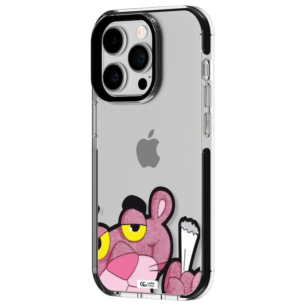 a cartoon of a pink bear Apple iPhone 14 pro impact black border Case