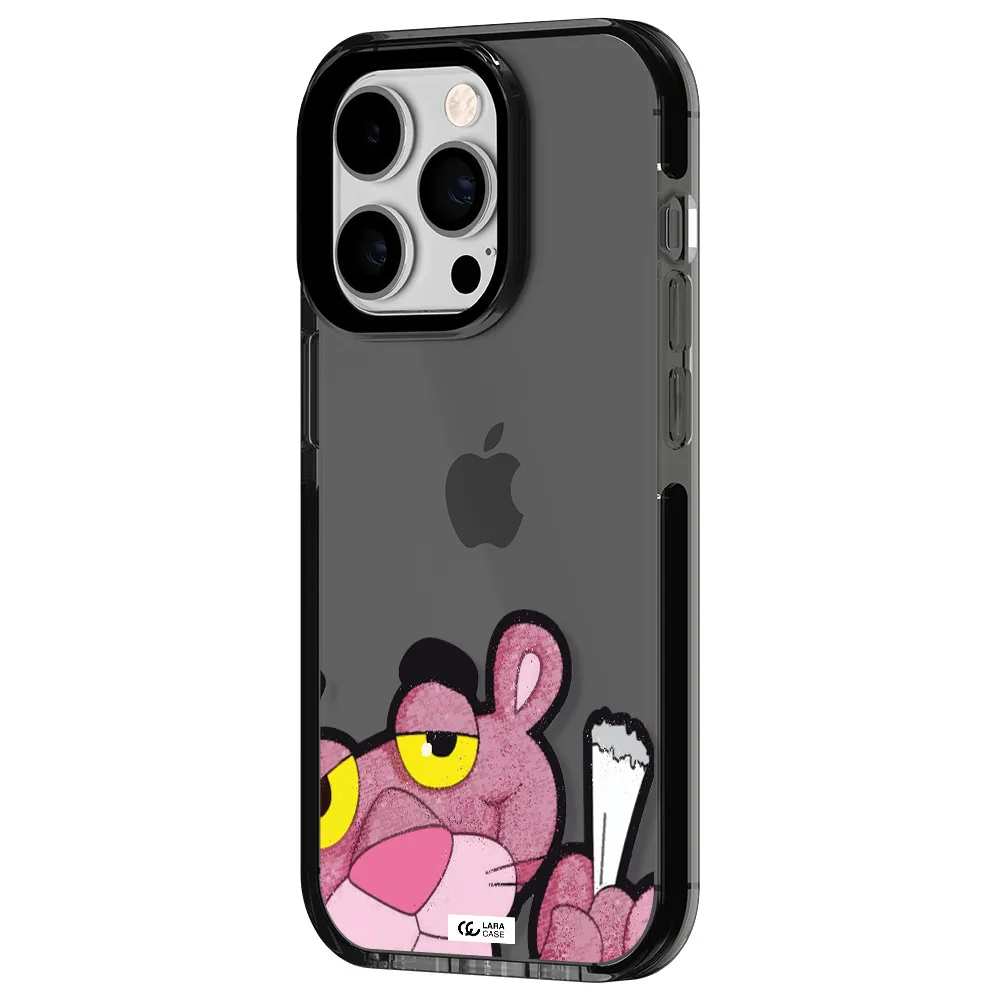 a cartoon of a pink bear Apple iPhone 14 pro impact Smoke Black Case