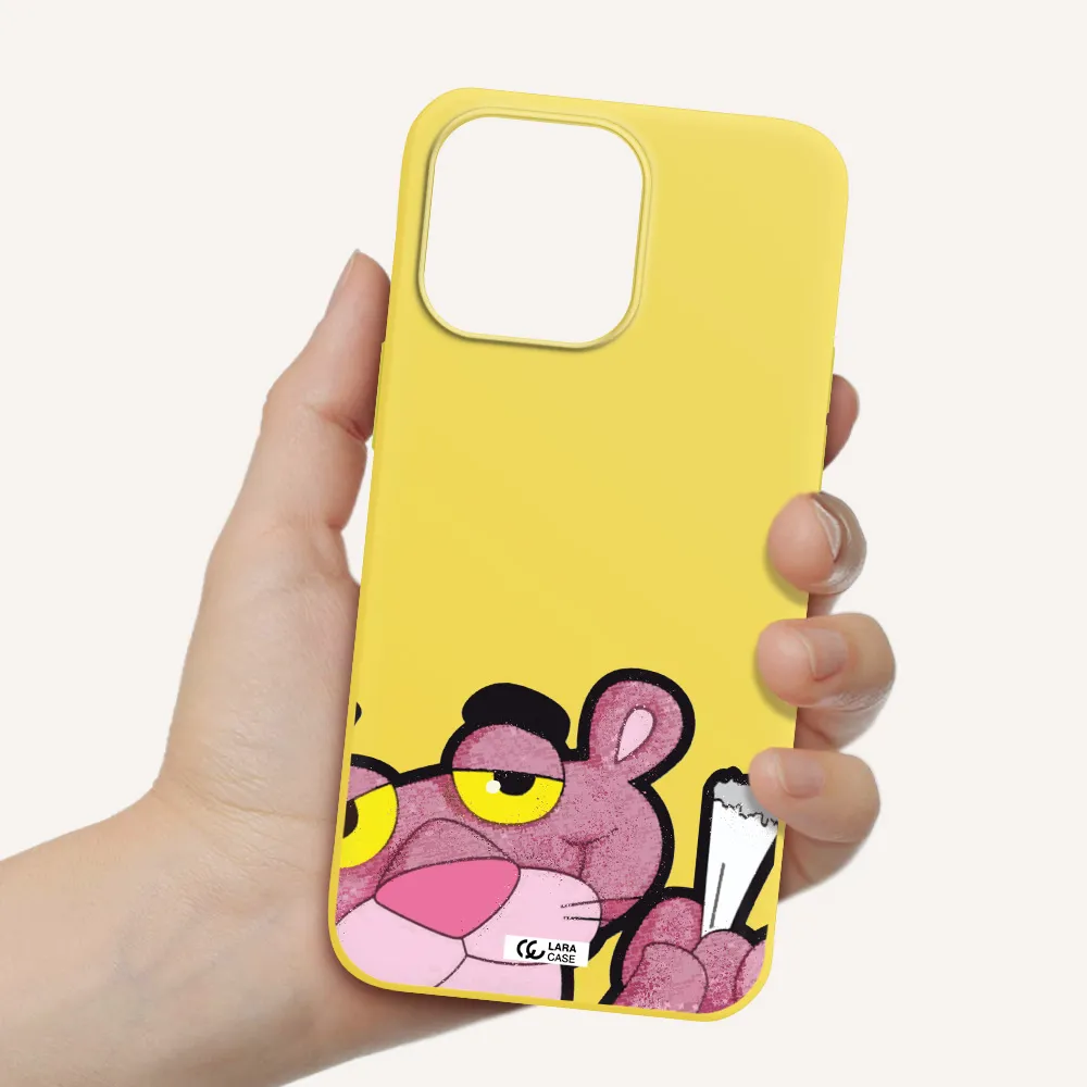a cartoon of a pink bear Apple iPhone 14 pro Silicone canary yellow Case