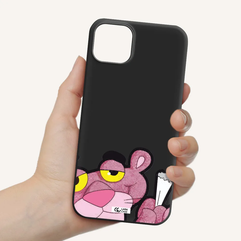 a cartoon of a pink bear Apple iPhone 14 Silicone black Case