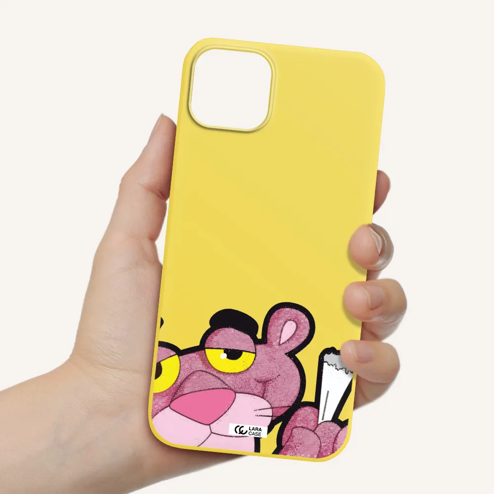 a cartoon of a pink bear Apple iPhone 14 Silicone canary yellow Case