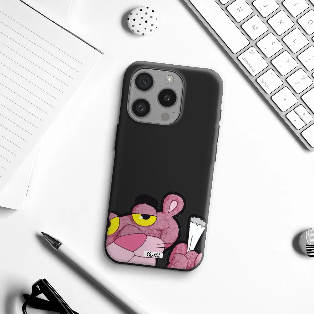 A Cartoon Of A Pink Bear Apple Iphone 15 Pro Silicone Black Case