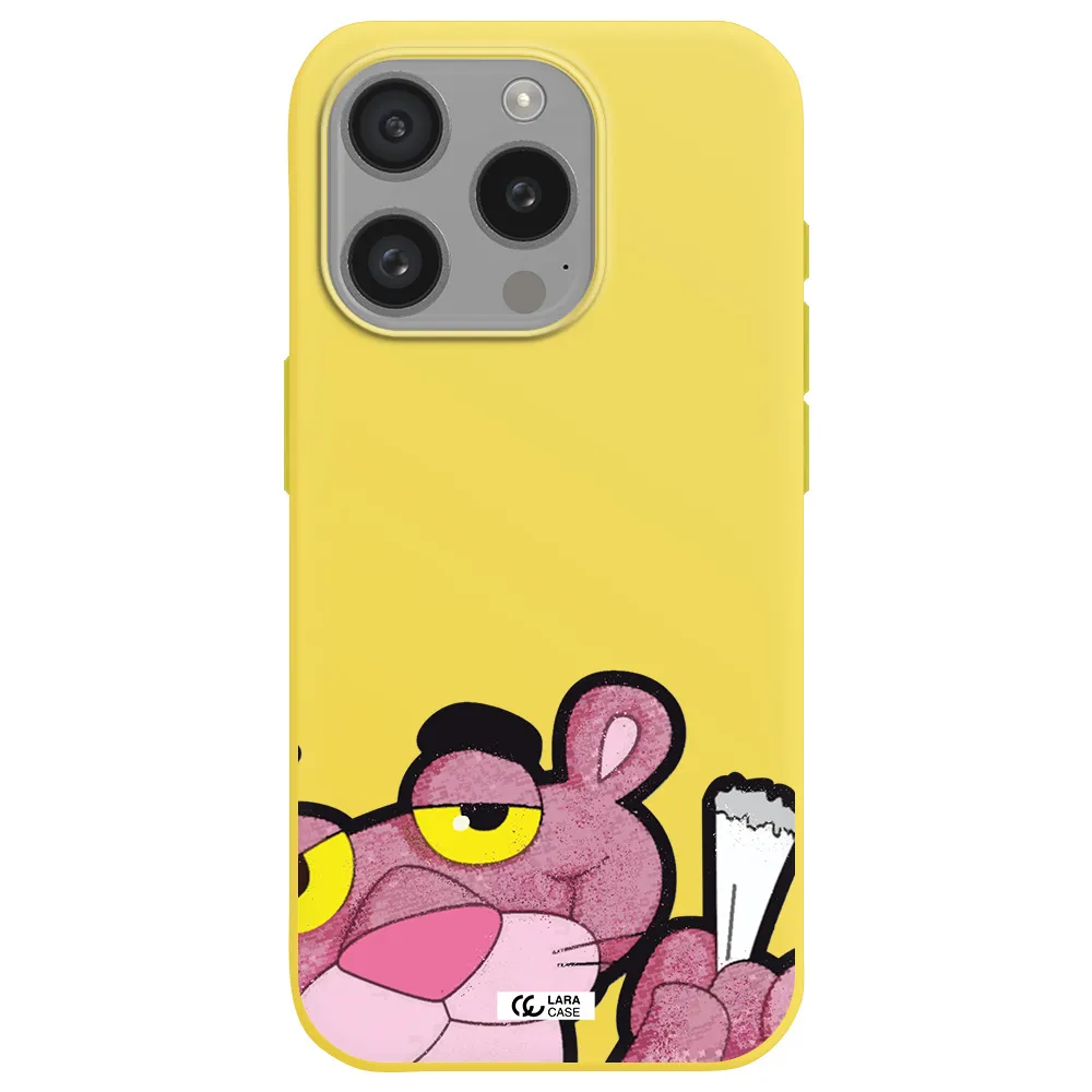 A Cartoon Of A Pink Bear Apple Iphone 15 Pro Silicone Canary Yellow Case