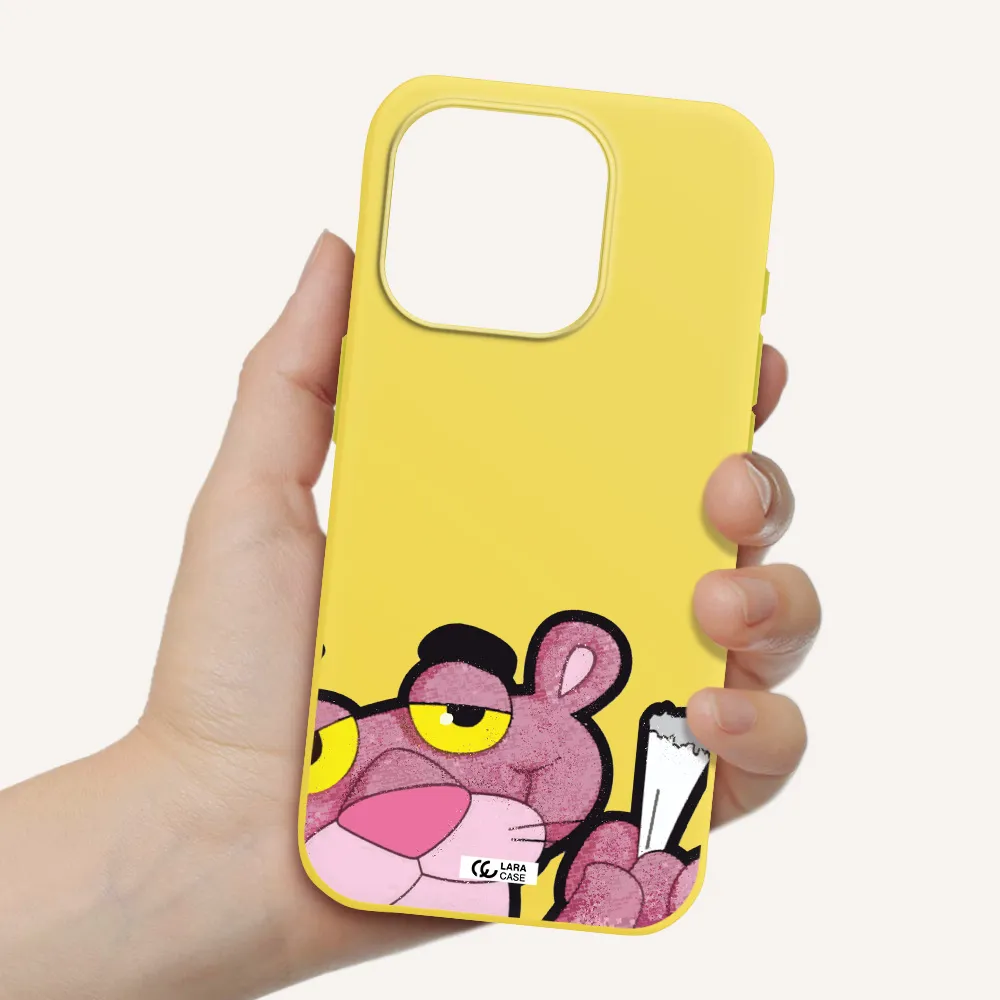 A Cartoon Of A Pink Bear Apple Iphone 15 Pro Silicone Canary Yellow Case