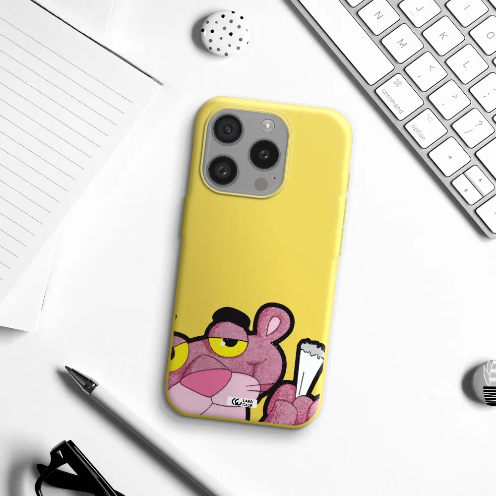 A Cartoon Of A Pink Bear Apple Iphone 15 Pro Silicone Canary Yellow Case