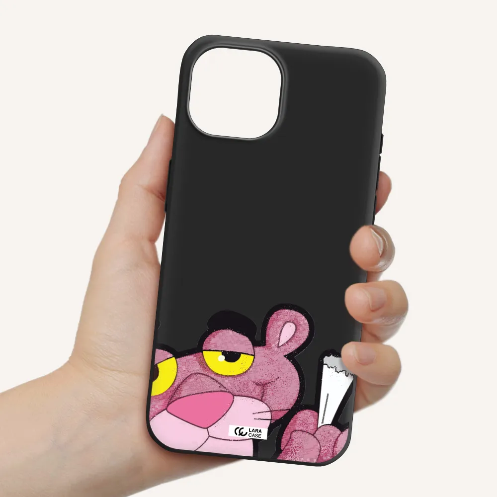 a cartoon of a pink bear Apple iPhone 15 Silicone black Case