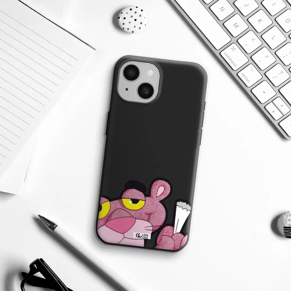 a cartoon of a pink bear Apple iPhone 15 Silicone black Case