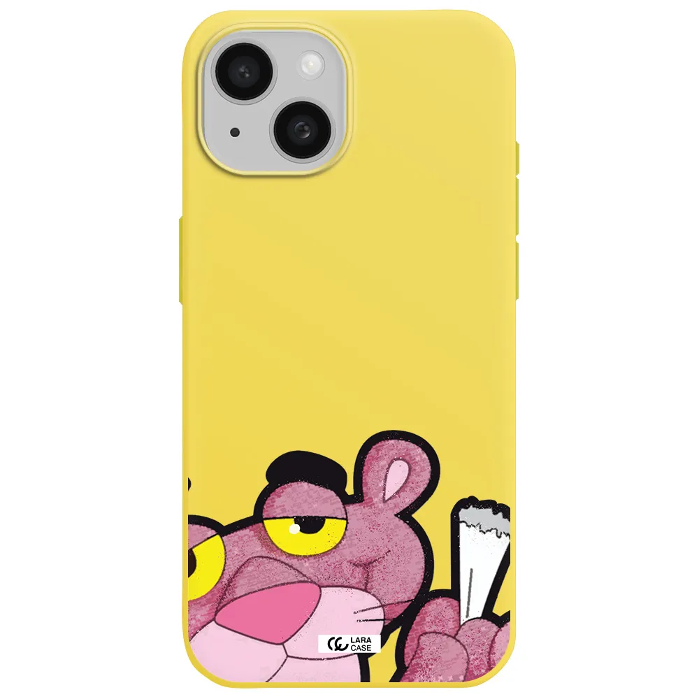 a cartoon of a pink bear Apple iPhone 15 Silicone canary yellow Case