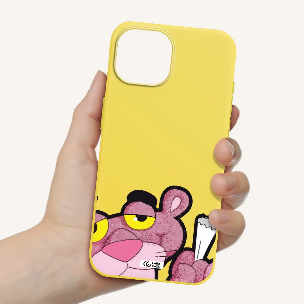 a cartoon of a pink bear Apple iPhone 15 Silicone canary yellow Case
