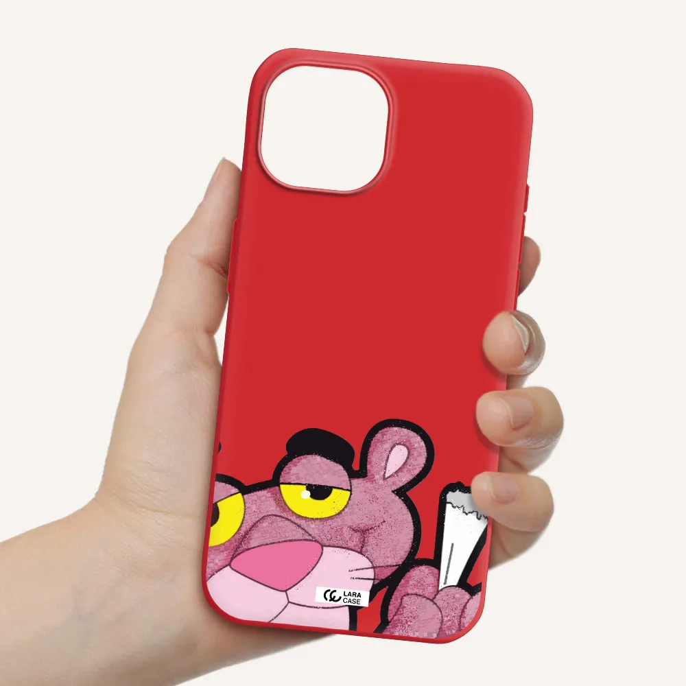 A Cartoon Of A Pink Bear Apple Iphone 15 Silicone Imperial Red Case