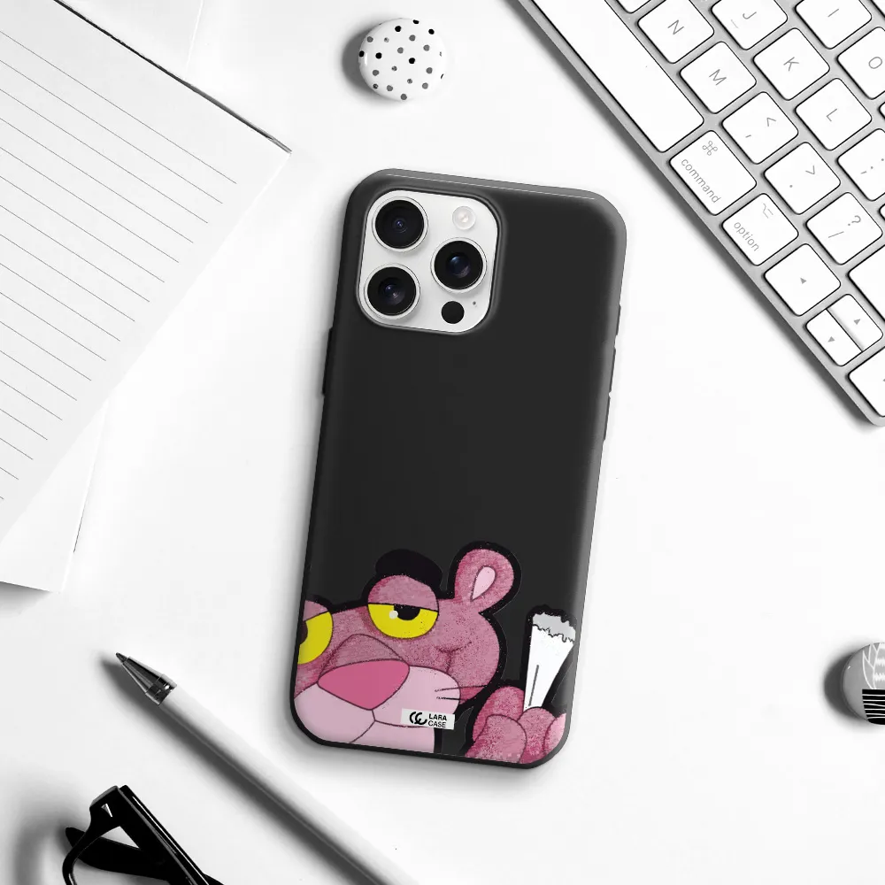 A Cartoon Of A Pink Bear Apple Iphone 16 Pro Max Silicone Black Case