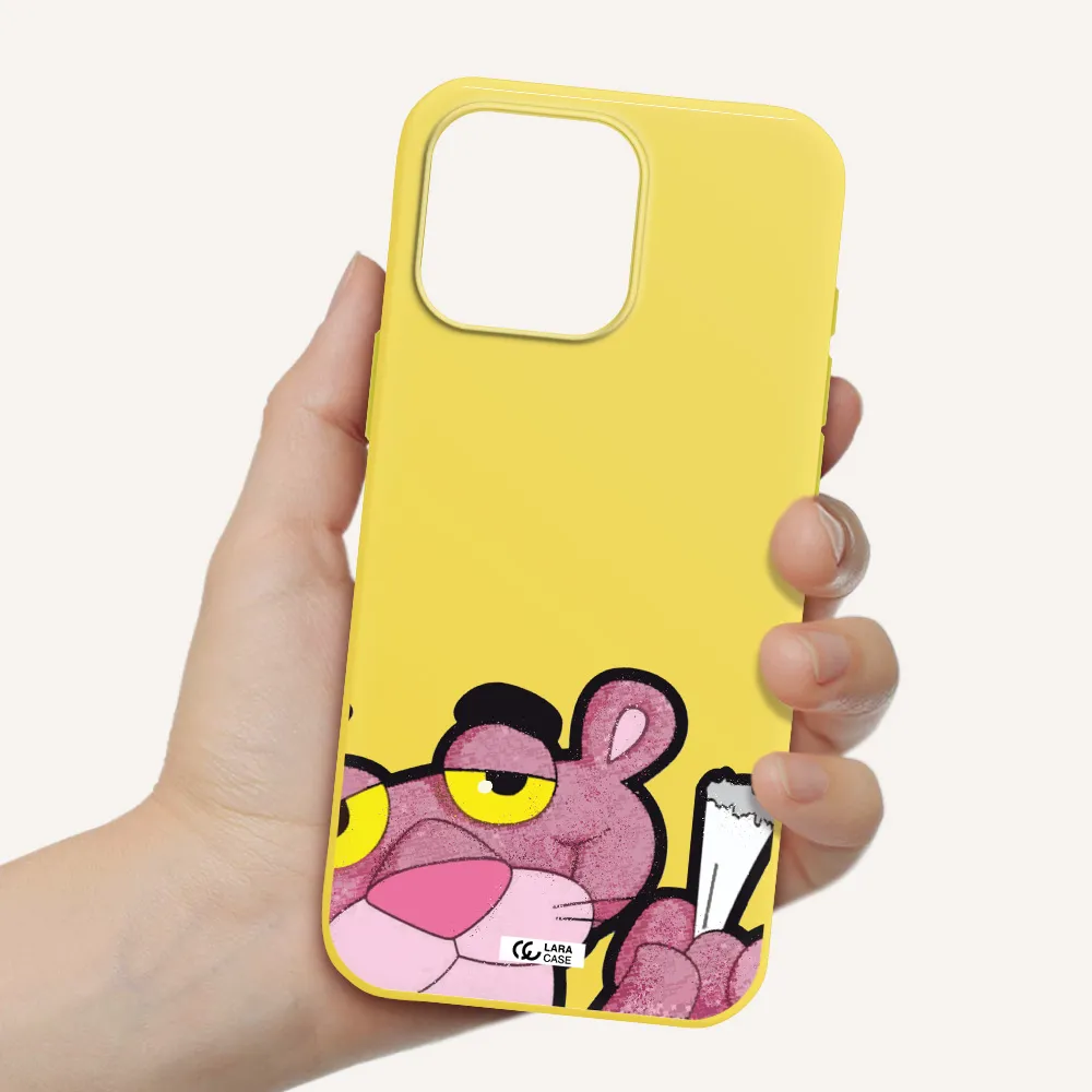 A Cartoon Of A Pink Bear Apple Iphone 16 Pro Max Silicone Canary Yellow Case