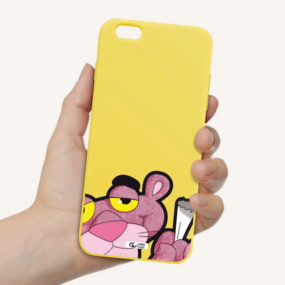 a cartoon of a pink bear Apple iPhone 6 plus Silicone canary yellow Case