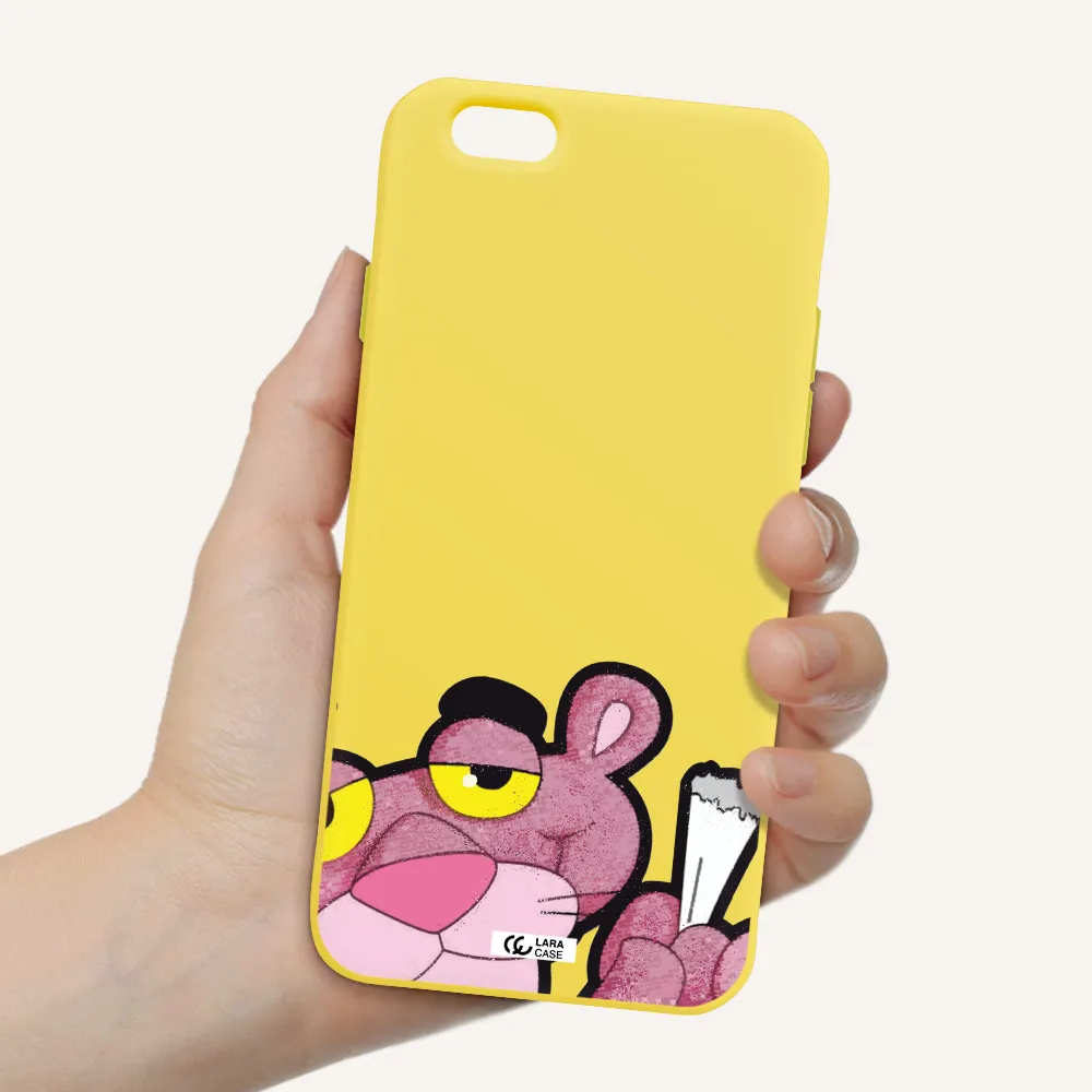 a cartoon of a pink bear Apple iPhone 6 Silicone canary yellow Case