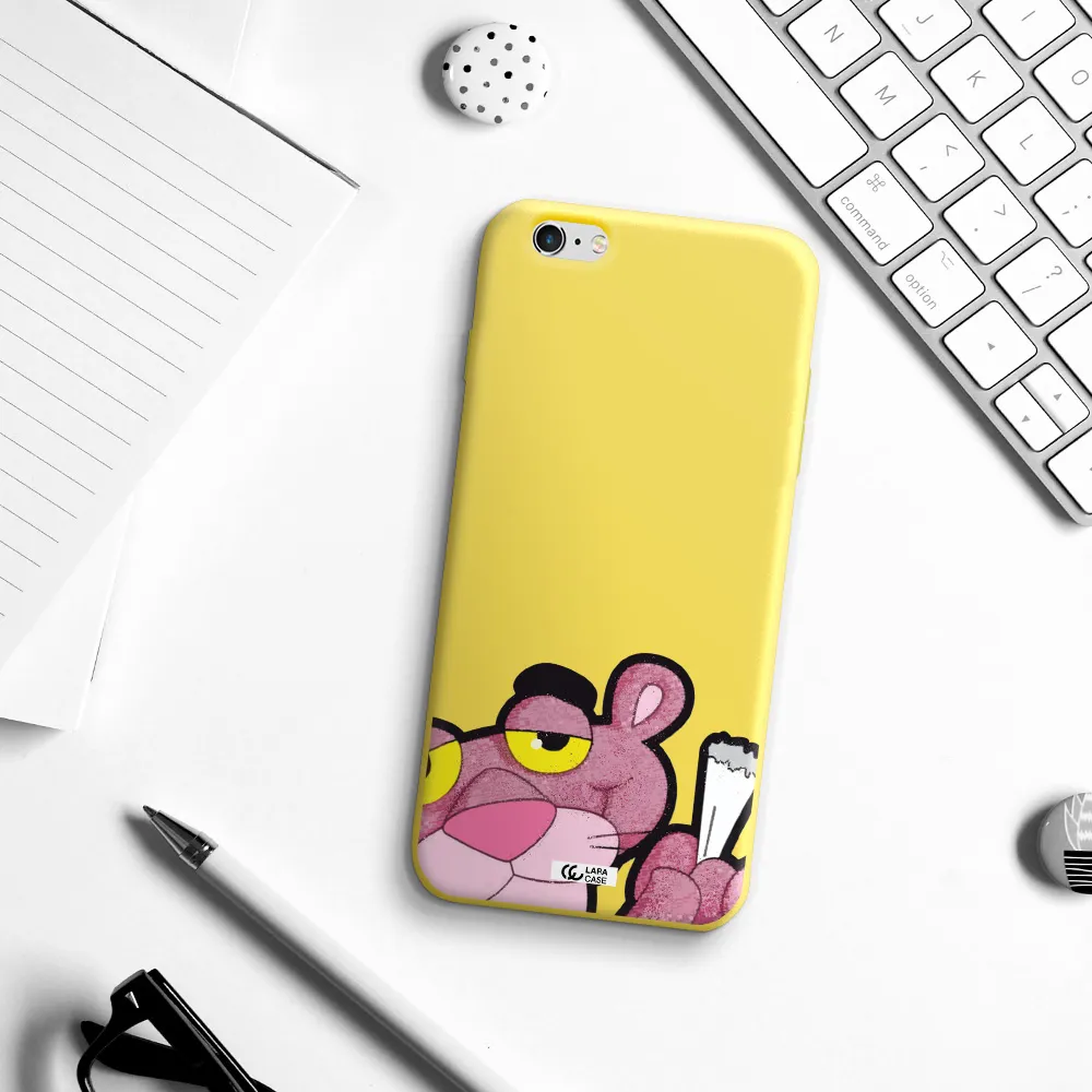 a cartoon of a pink bear Apple iPhone 6S Silicone canary yellow Case