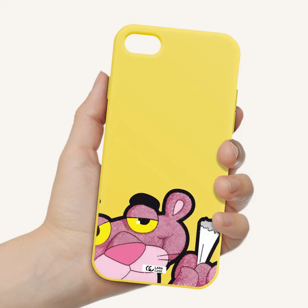 a cartoon of a pink bear Apple iPhone 7 Silicone canary yellow Case