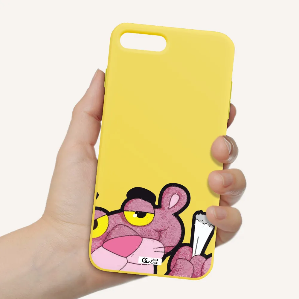 a cartoon of a pink bear Apple iPhone 8 plus Silicone canary yellow Case