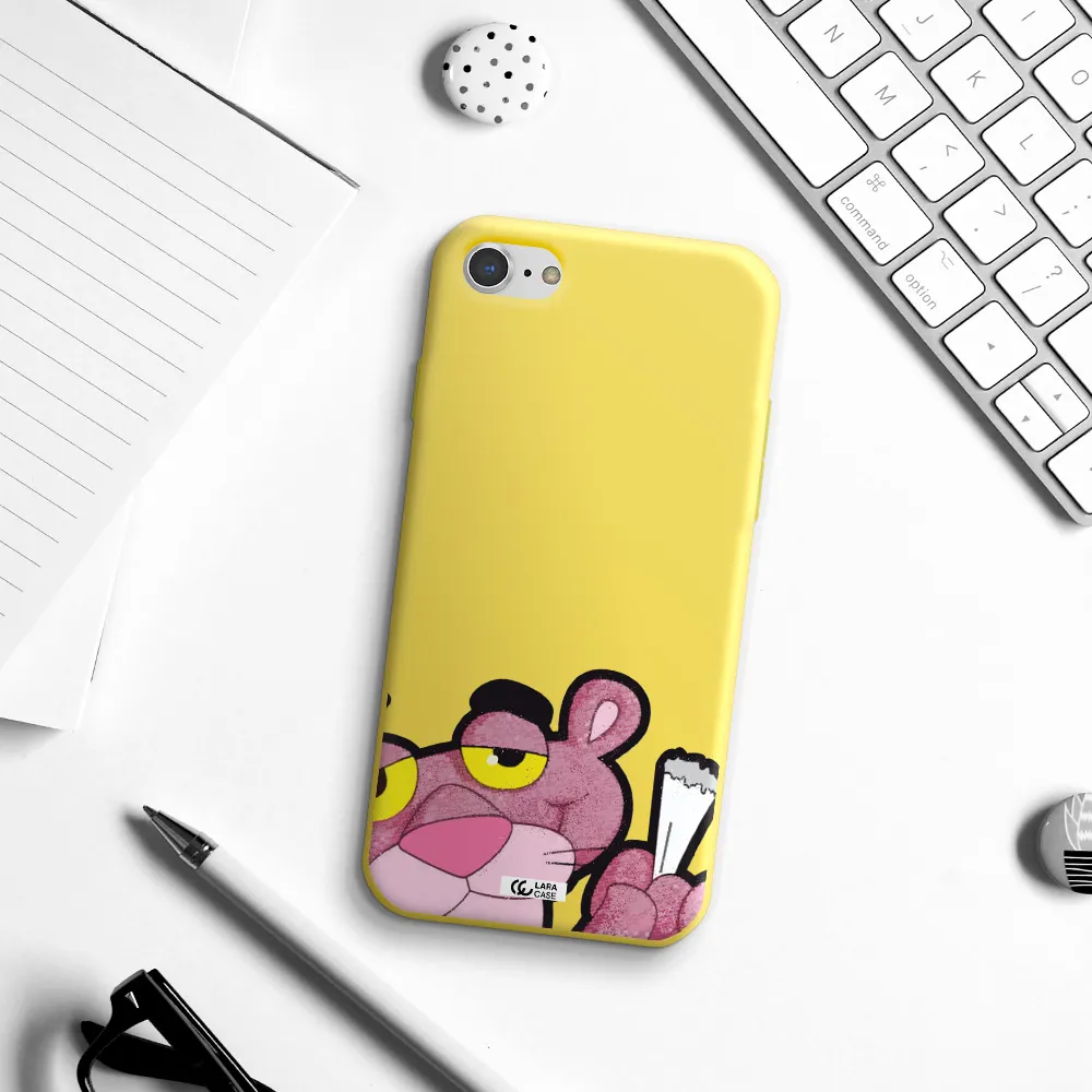 a cartoon of a pink bear Apple iPhone 8 Silicone canary yellow Case